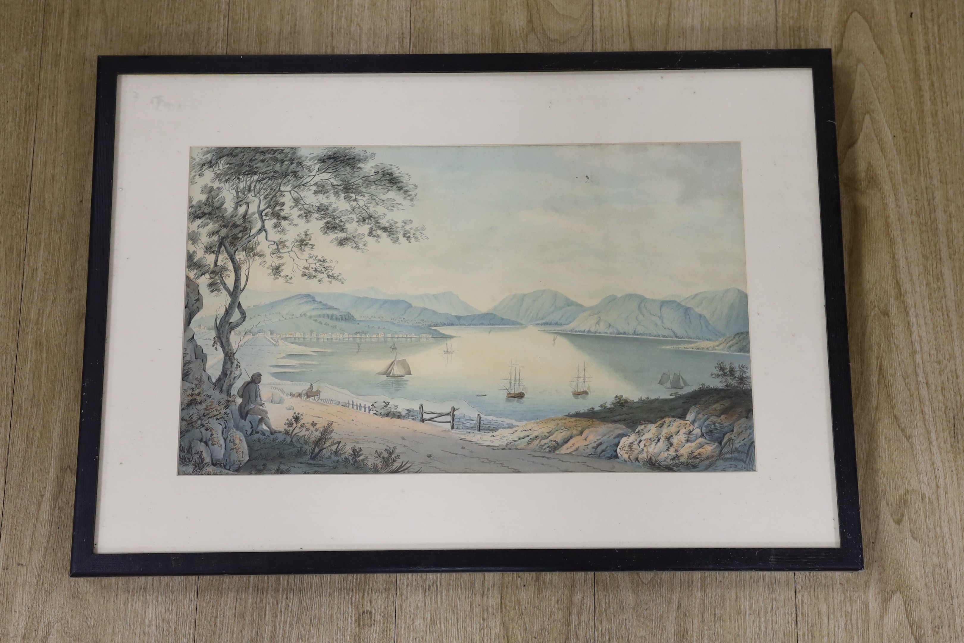 19th Century Colonial School, watercolour, Shipping at Anchor, 31 x 52cm
